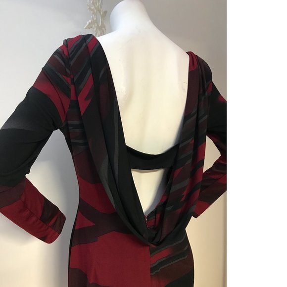 Le Chateau XL Crimson Red Black Open Back Drape Bodycon Dress Lauren Holly NWT - Picture 1 of 8
